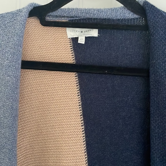 Lucky Brand Patchwork Open Long Cardigan Navy Gray Tan Textured Loose size XS - Picture 4 of 12